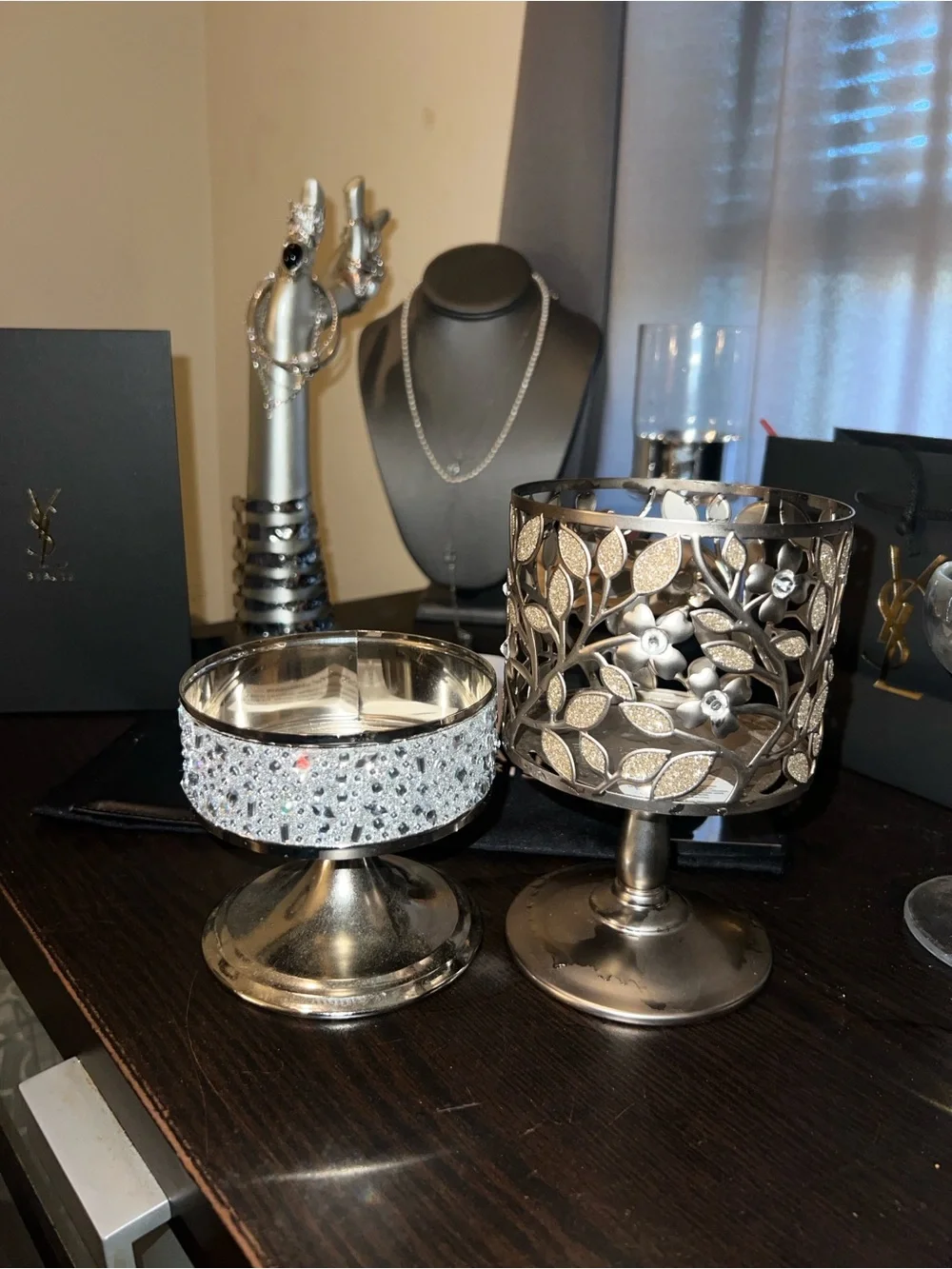 Bath & Body Works Silver Dogwood Candle Pedestal &Bejeweled Silver Candle Holder - Picture 11 of 15